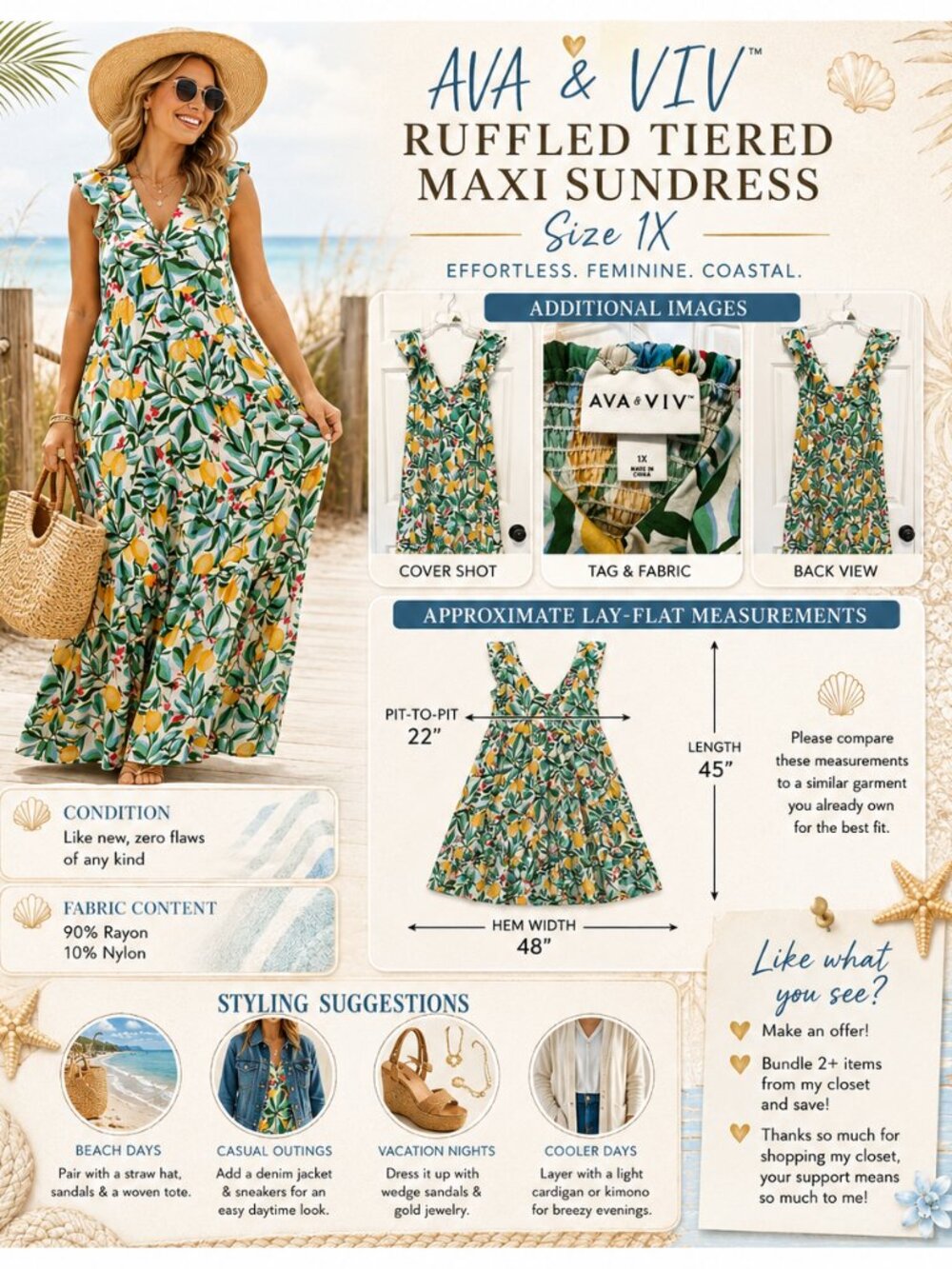 AVA & VIV Ruffled Tiered Maxi Sundress 1X Lemon Floral Boho Coastal